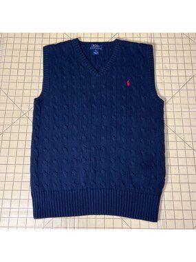Polo Ralph Lauren Navy Cable Knit V-Neck Sweater Vest L 14-16 Red Logo Classic